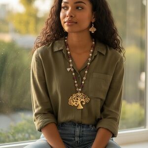 Gold Tree Pendant Necklace and Earrings Set